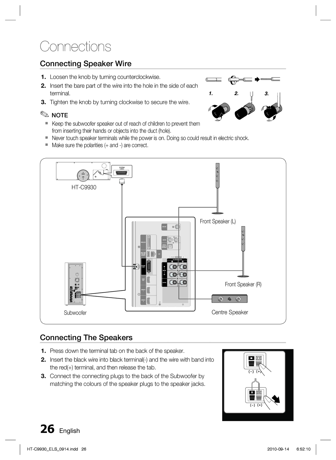 Samsung HT-C9930/XEE, HT-C9930/XEN, HT-C9930/XEF manual Connecting Speaker Wire, Connecting The Speakers 