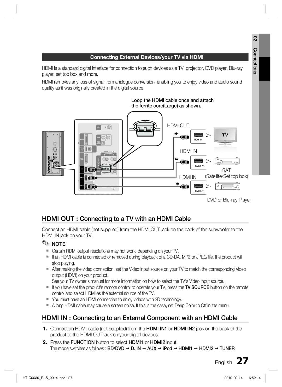 Samsung HT-C9930/XEN manual Hdmi OUT Connecting to a TV with an Hdmi Cable, Connecting External Devices/your TV via Hdmi 