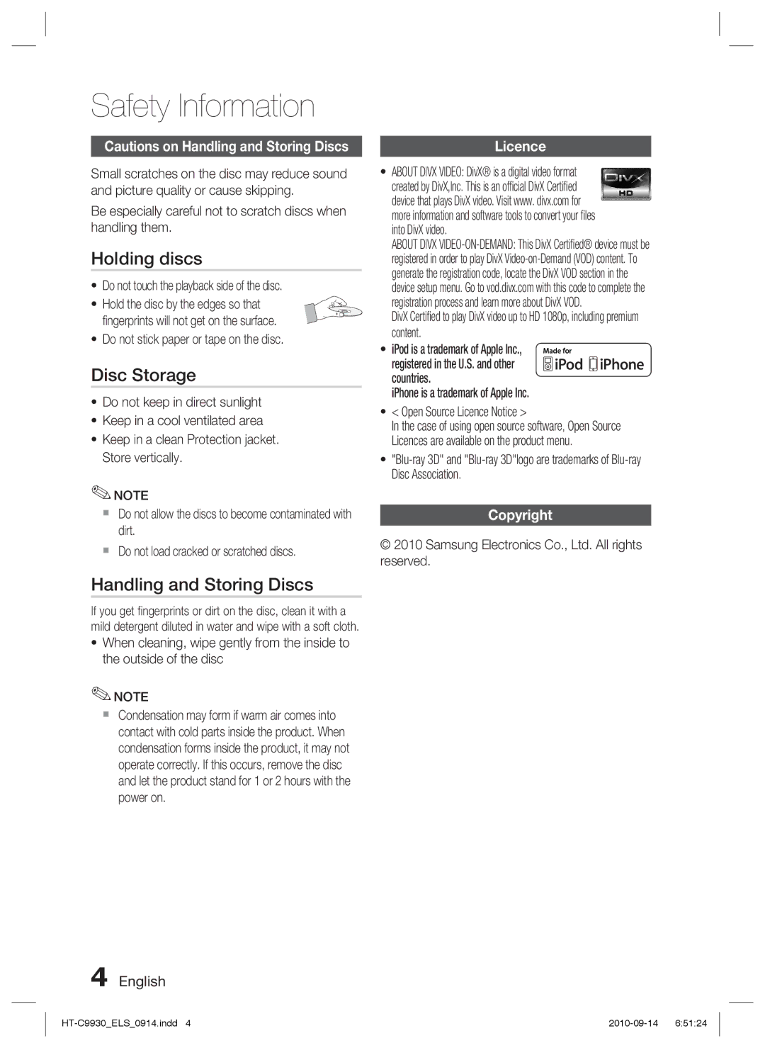 Samsung HT-C9930/XEF, HT-C9930/XEN manual Holding discs, Disc Storage, Handling and Storing Discs, Licence, Copyright 