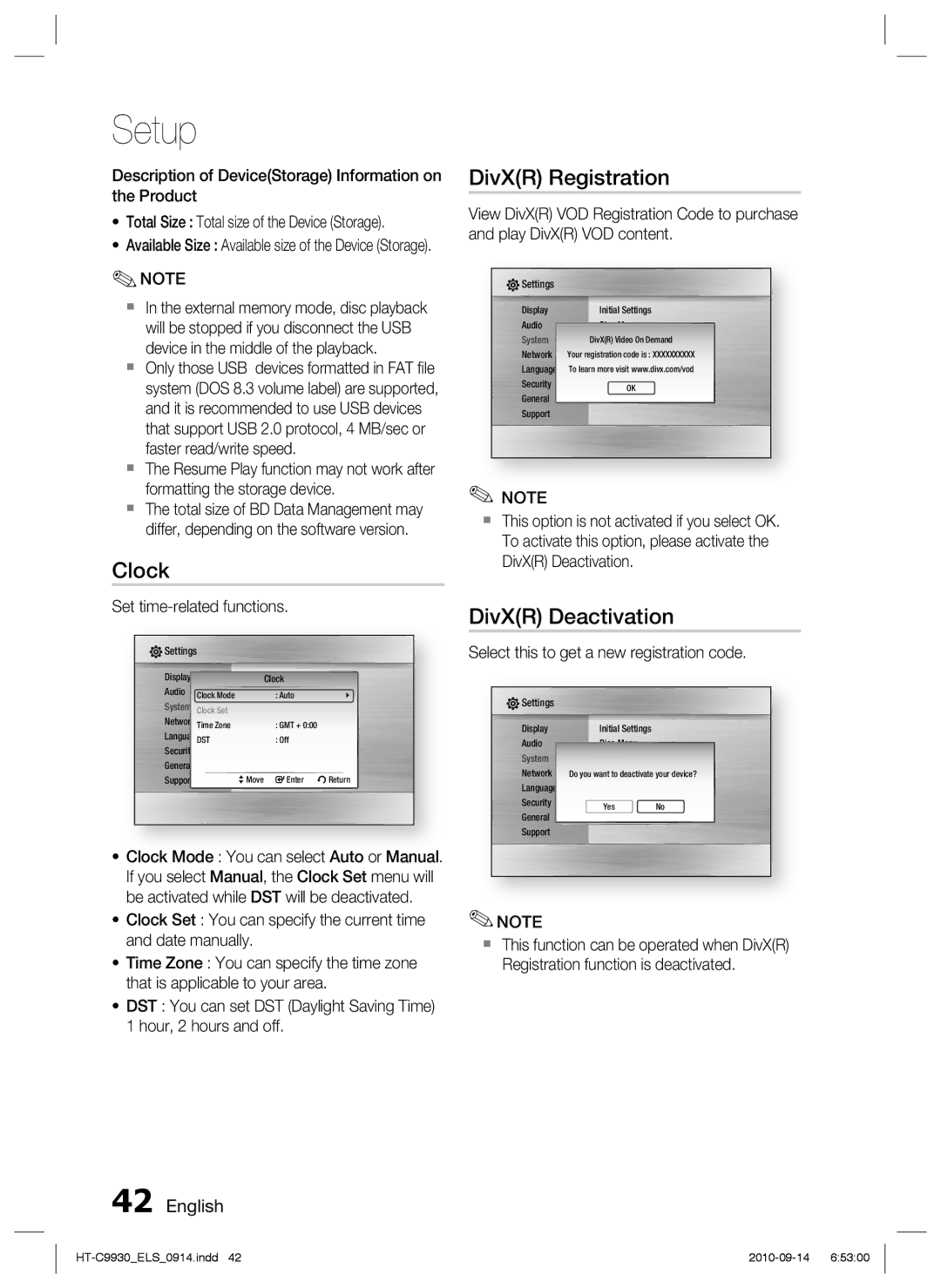 Samsung HT-C9930/XEN, HT-C9930/XEF, HT-C9930/XEE Clock, DivXR Registration, DivXR Deactivation, Set time-related functions 