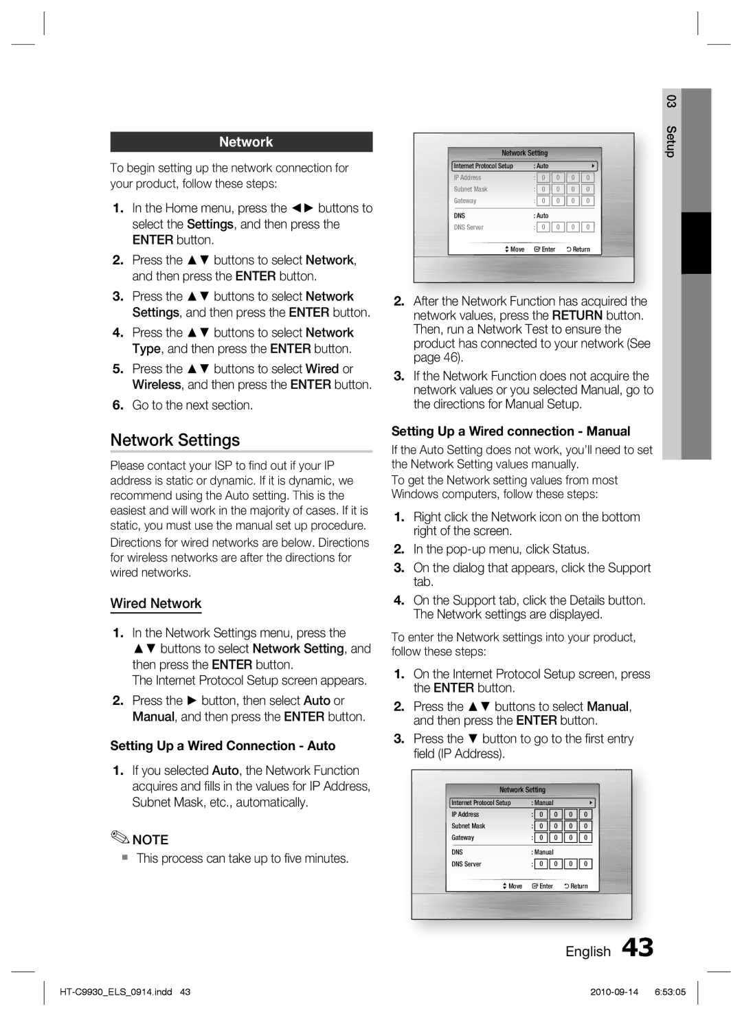 Samsung HT-C9930/XEF, HT-C9930/XEN, HT-C9930/XEE manual Network Settings, Wired Network 