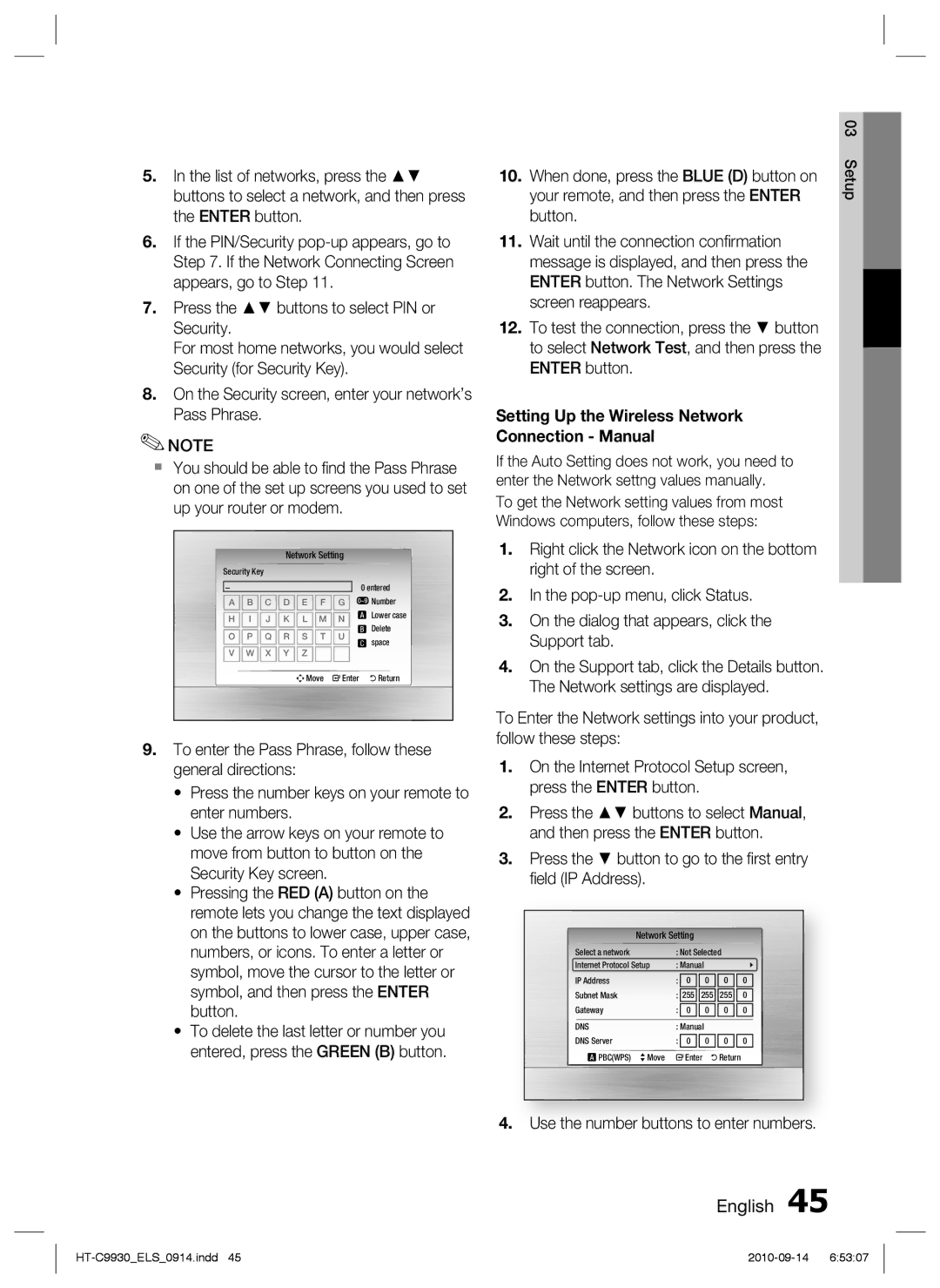 Samsung HT-C9930/XEN manual When done, press the Blue D button on, Enter button, Use the number buttons to enter numbers 