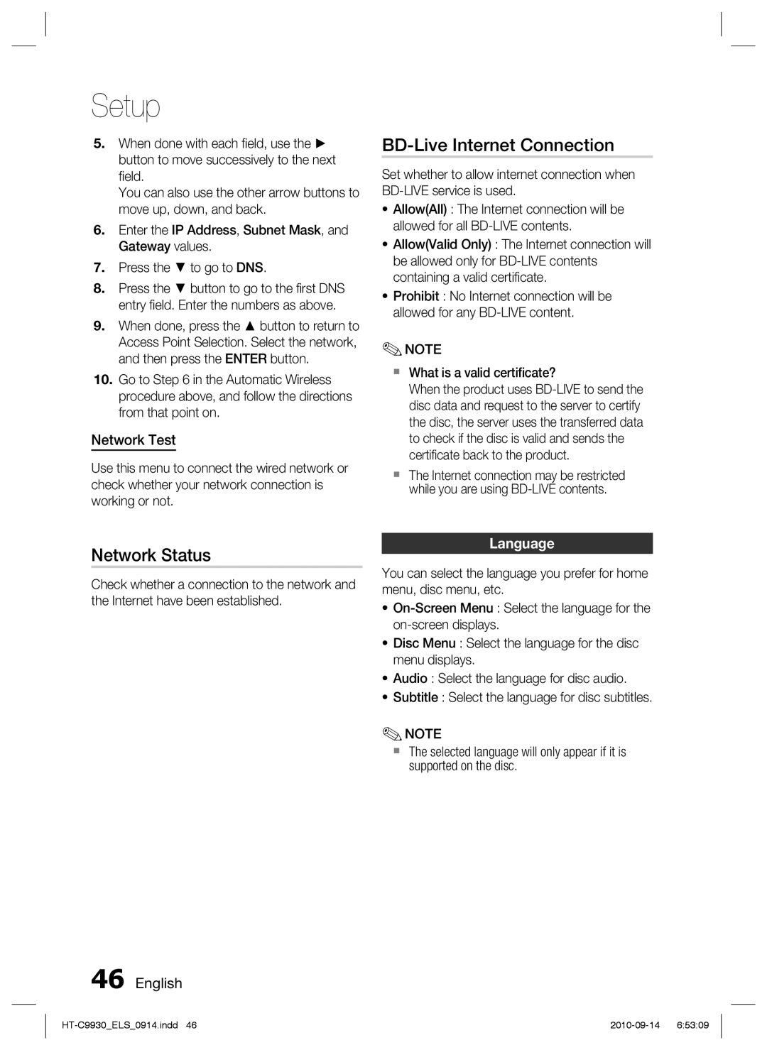 Samsung HT-C9930/XEF, HT-C9930/XEN, HT-C9930/XEE manual BD-Live Internet Connection, Network Status, Network Test, Language 