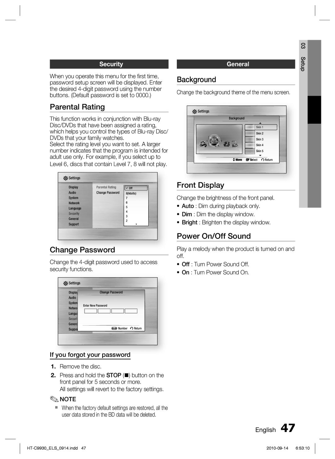 Samsung HT-C9930/XEE, HT-C9930/XEN manual Parental Rating, Change Password, Background, Front Display, Power On/Off Sound 