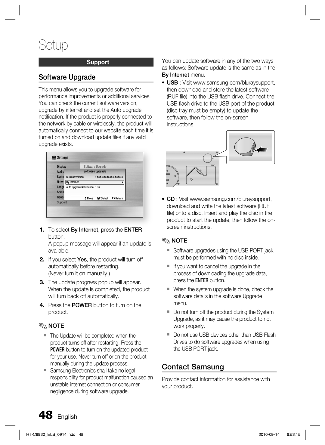 Samsung HT-C9930/XEN, HT-C9930/XEF, HT-C9930/XEE manual Software Upgrade, Contact Samsung, Support 