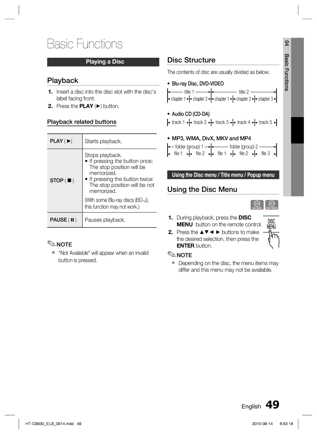 Samsung HT-C9930/XEF, HT-C9930/XEN, HT-C9930/XEE manual Basic Functions, Playback, Disc Structure, Using the Disc Menu 