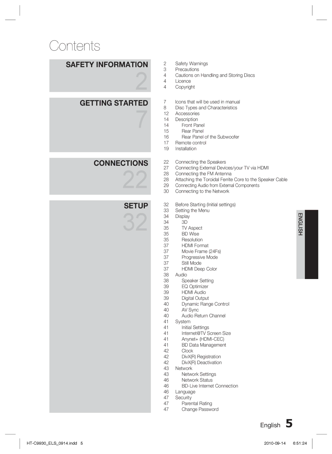 Samsung HT-C9930/XEE, HT-C9930/XEN, HT-C9930/XEF manual Contents 