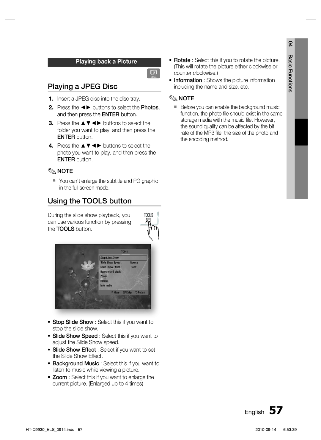 Samsung HT-C9930/XEN, HT-C9930/XEF, HT-C9930/XEE manual Playing a Jpeg Disc, Using the Tools button, Playing back a Picture 