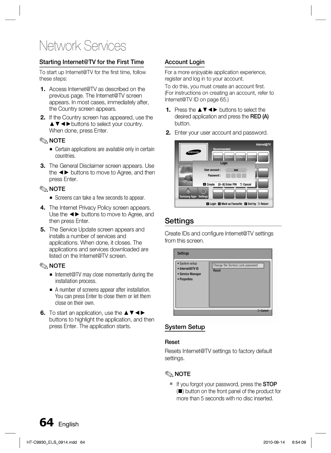 Samsung HT-C9930/XEF, HT-C9930/XEN Settings, Starting Internet@TV for the First Time, Account Login, English System Setup 