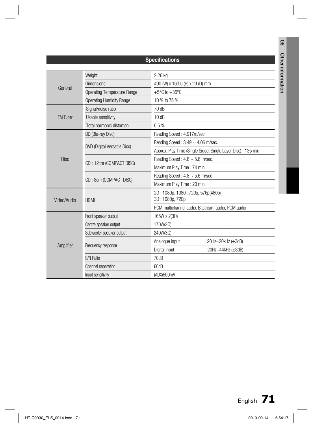 Samsung HT-C9930/XEE, HT-C9930/XEN, HT-C9930/XEF manual Speciﬁcations 