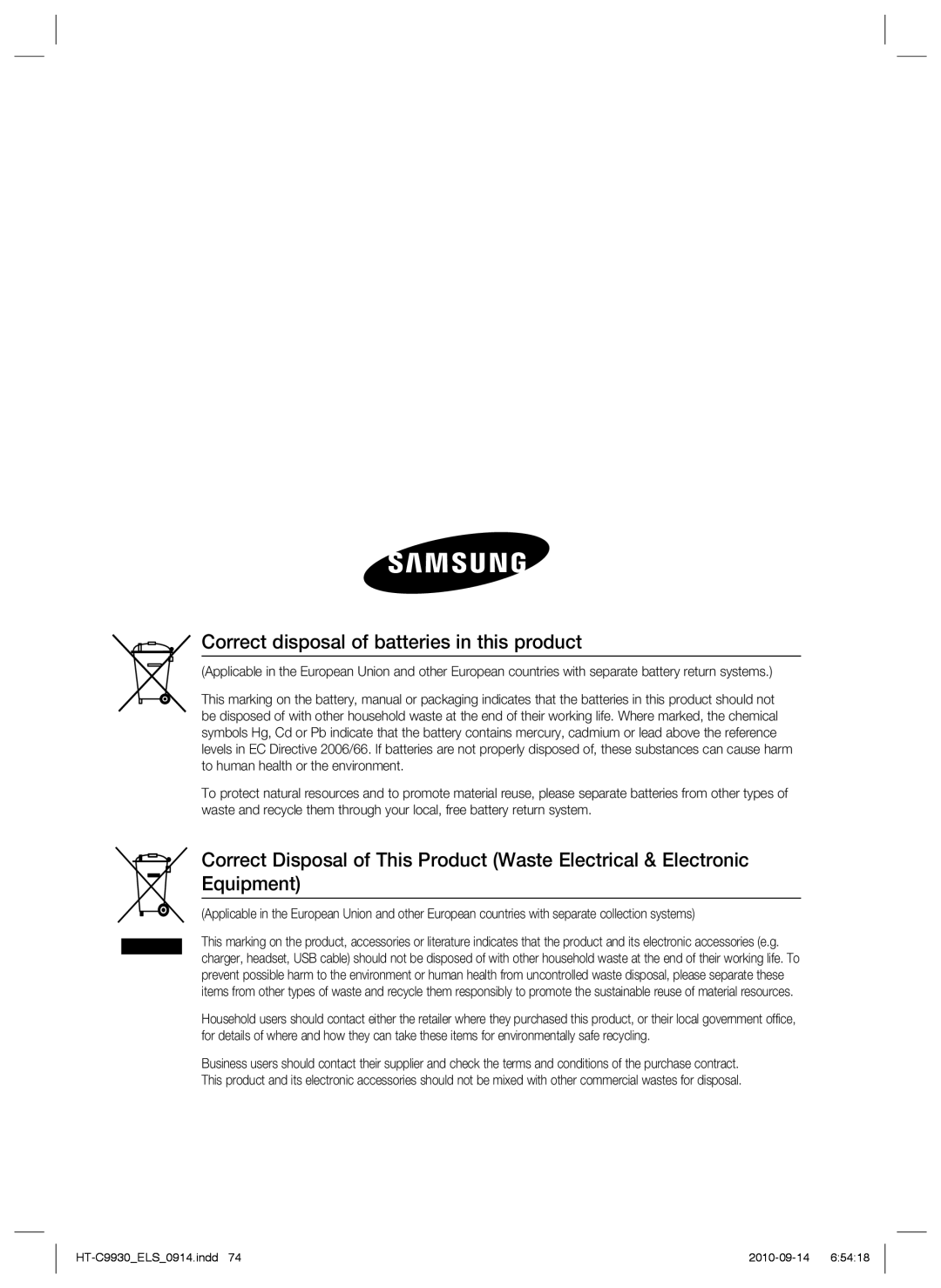 Samsung HT-C9930/XEE, HT-C9930/XEN, HT-C9930/XEF manual Correct disposal of batteries in this product 