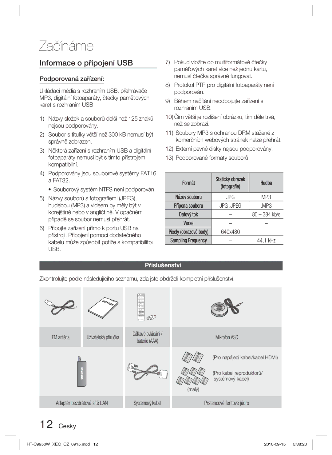 Samsung HT-C9950W/EDC manual Informace o připojení USB, Podporovaná zařízení, Příslušenství, 12 Česky 