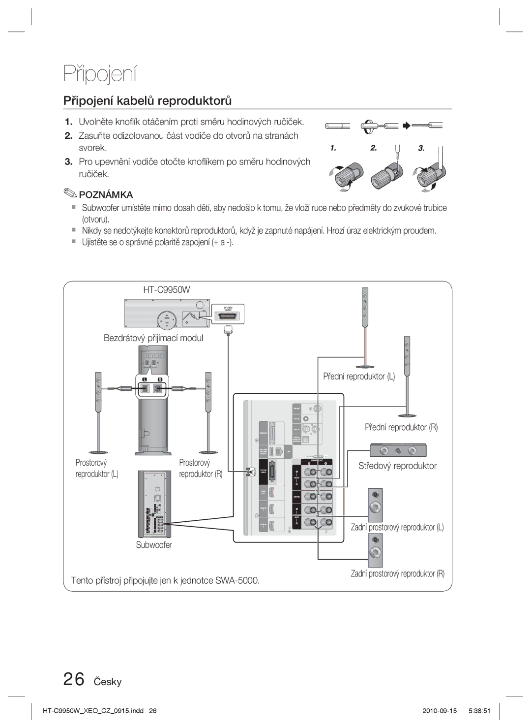 Samsung HT-C9950W/EDC manual Připojení kabelů reproduktorů, 26 Česky, Reproduktor L 