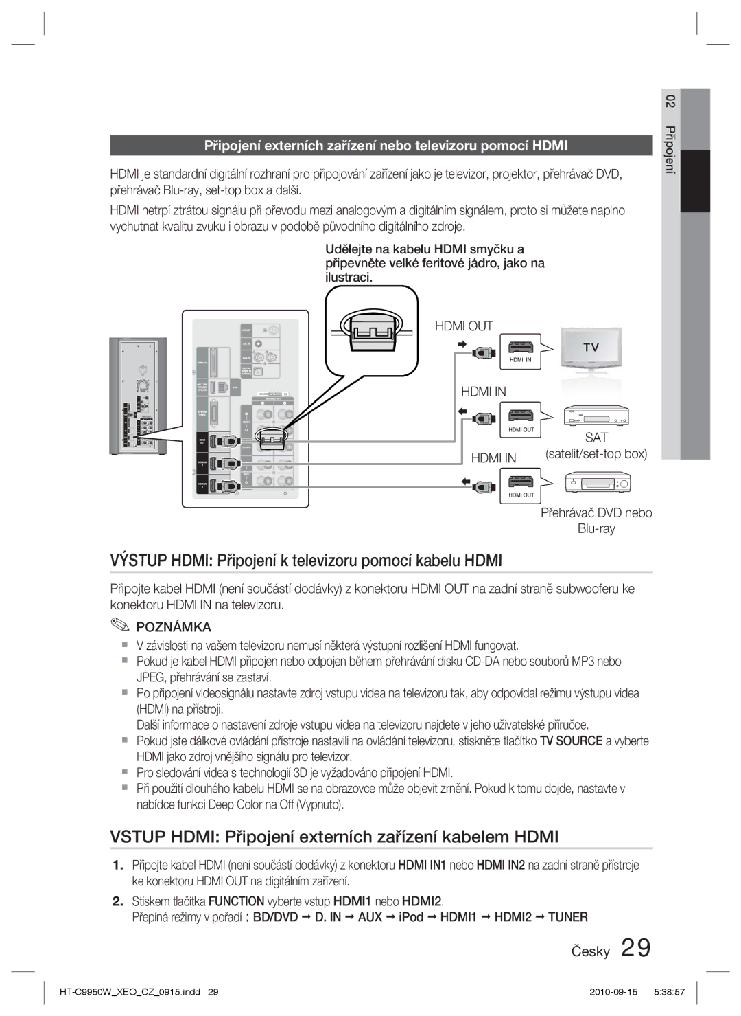 Samsung HT-C9950W/EDC manual Vstup Hdmi Připojení externích zařízení kabelem Hdmi, Hdmi OUT 