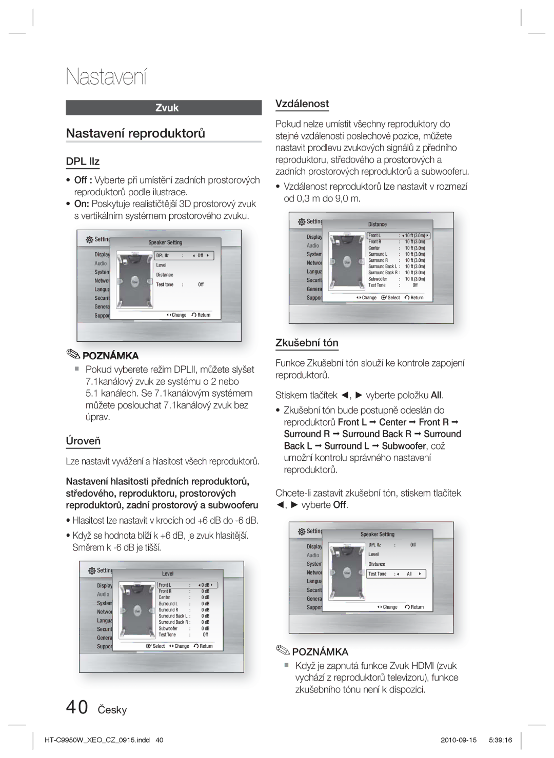 Samsung HT-C9950W/EDC manual Nastavení reproduktorů, Zvuk 