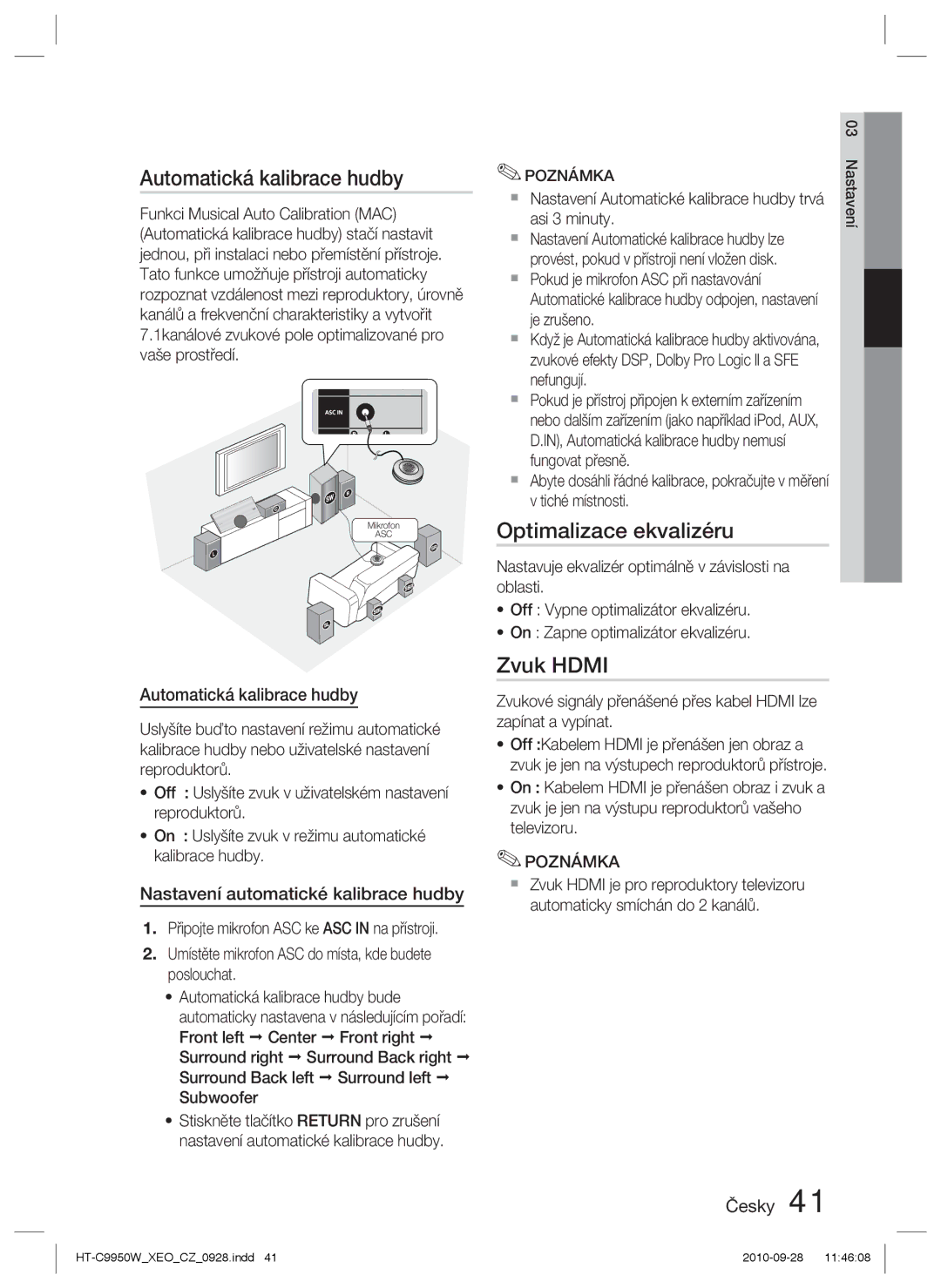 Samsung HT-C9950W/EDC manual Automatická kalibrace hudby, Optimalizace ekvalizéru, Zvuk Hdmi 