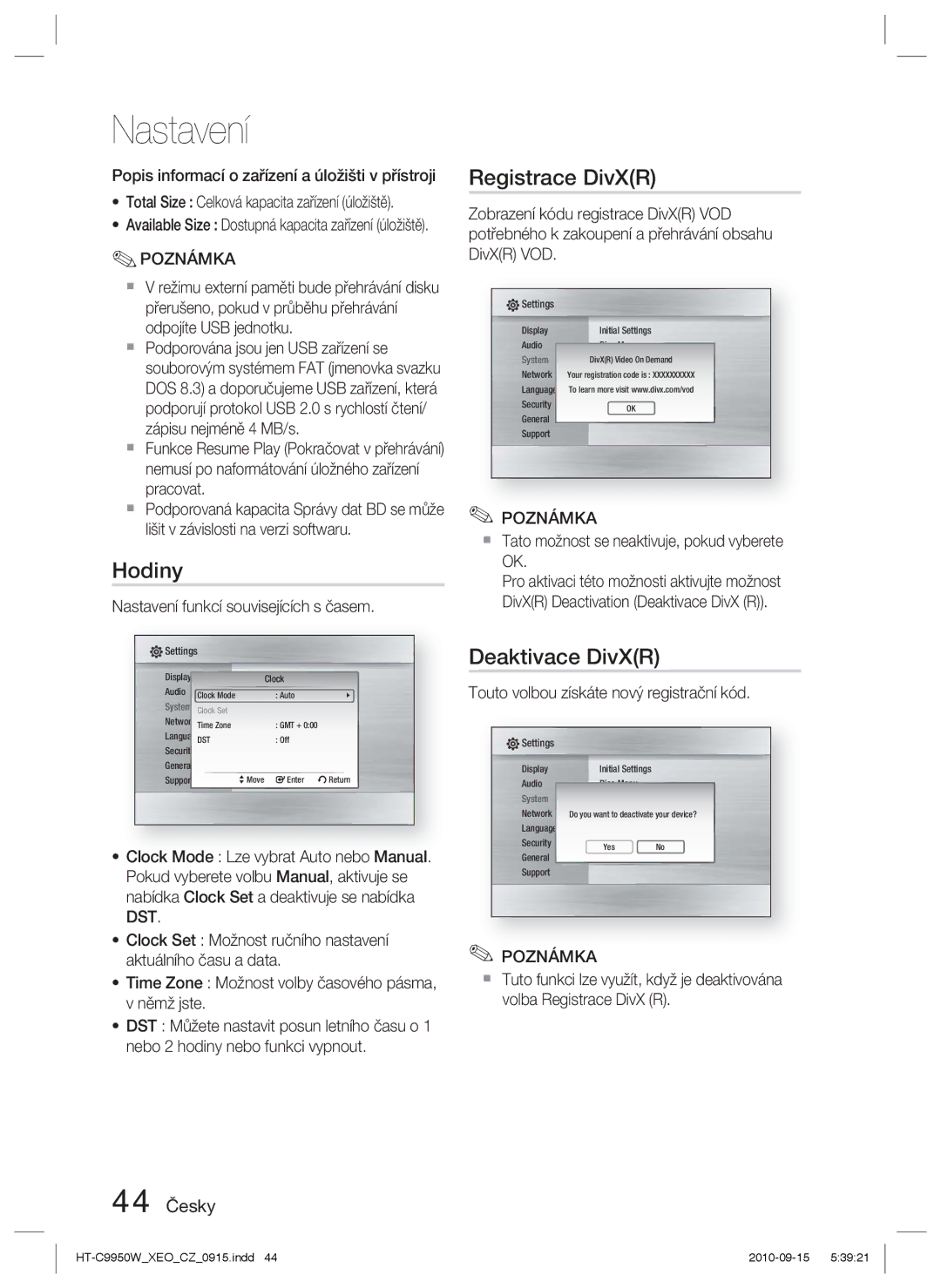 Samsung HT-C9950W/EDC manual Hodiny, Registrace DivXR, Deaktivace DivXR, 44 Česky 