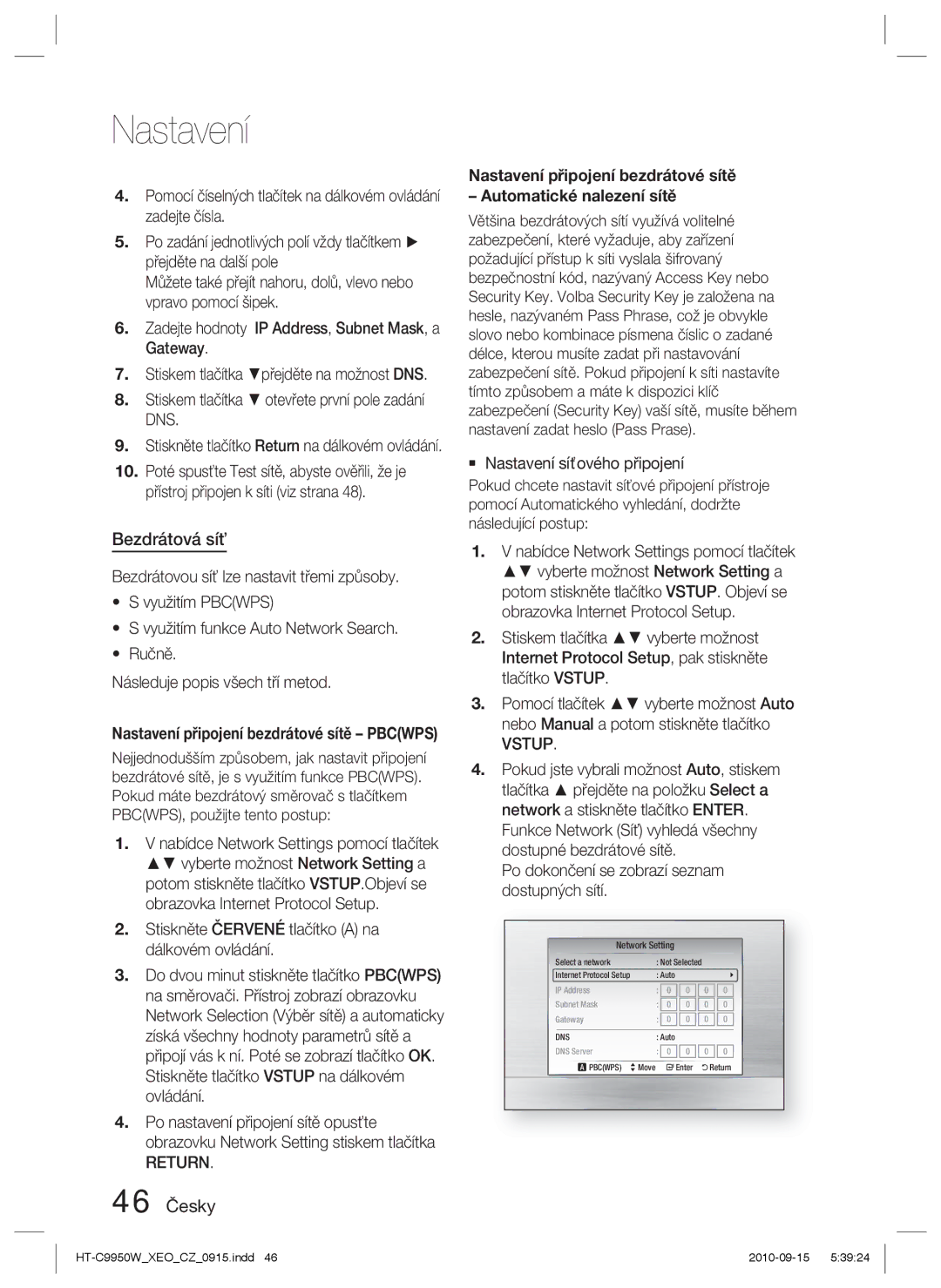 Samsung HT-C9950W/EDC manual Bezdrátová síť, 46 Česky, Return 