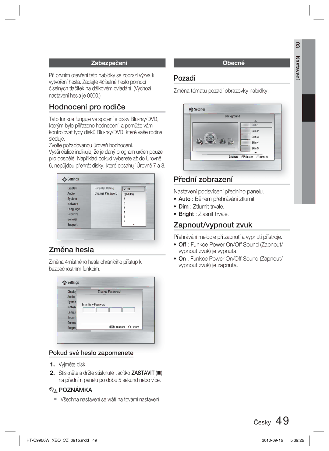 Samsung HT-C9950W/EDC manual Hodnocení pro rodiče, Změna hesla, Pozadí, Přední zobrazení, Zapnout/vypnout zvuk 