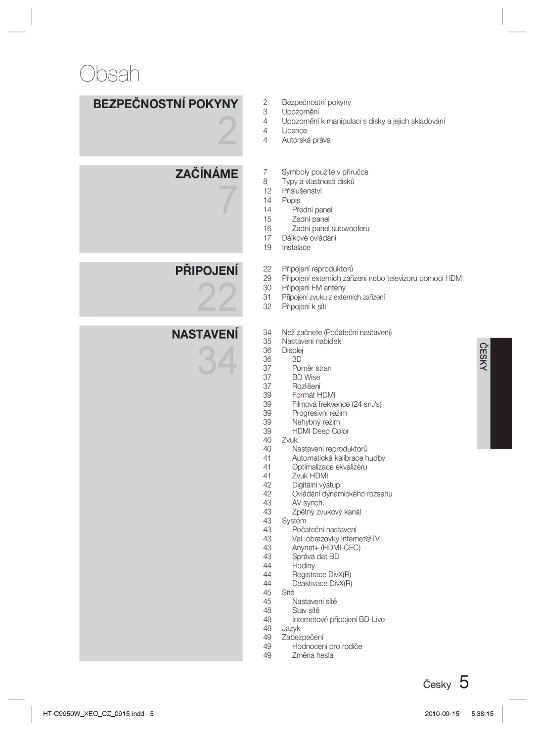 Samsung HT-C9950W/EDC manual Obsah, Bezpečnostní Pokyny 