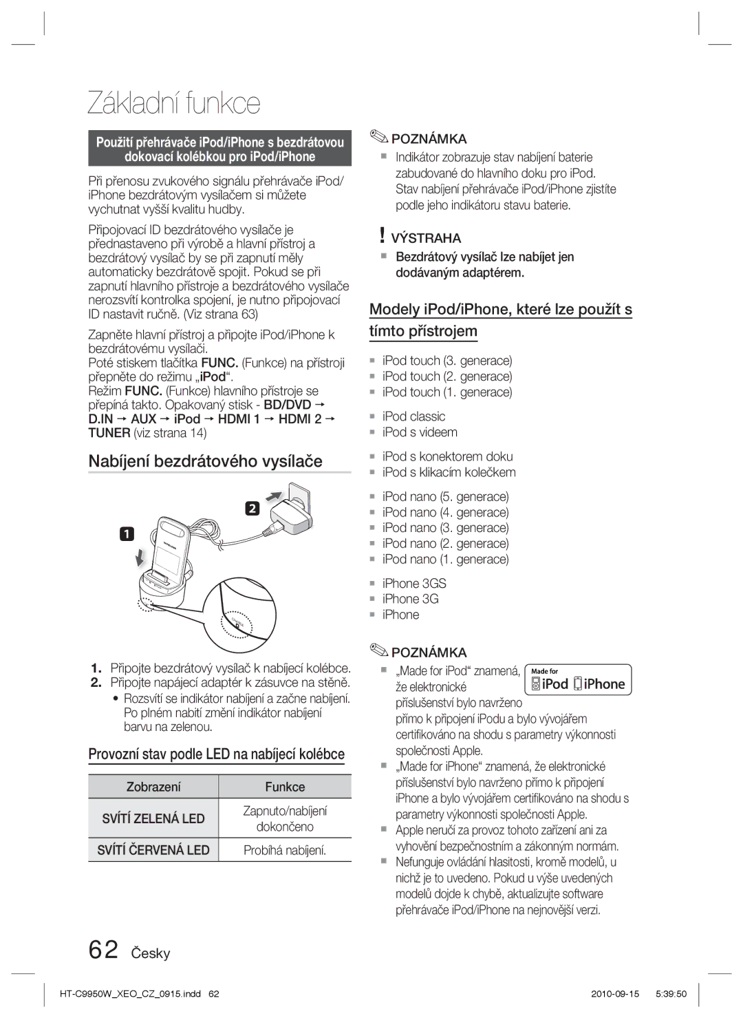 Samsung HT-C9950W/EDC manual Nabíjení bezdrátového vysílače, Dokovací kolébkou pro iPod/iPhone, 62 Česky 