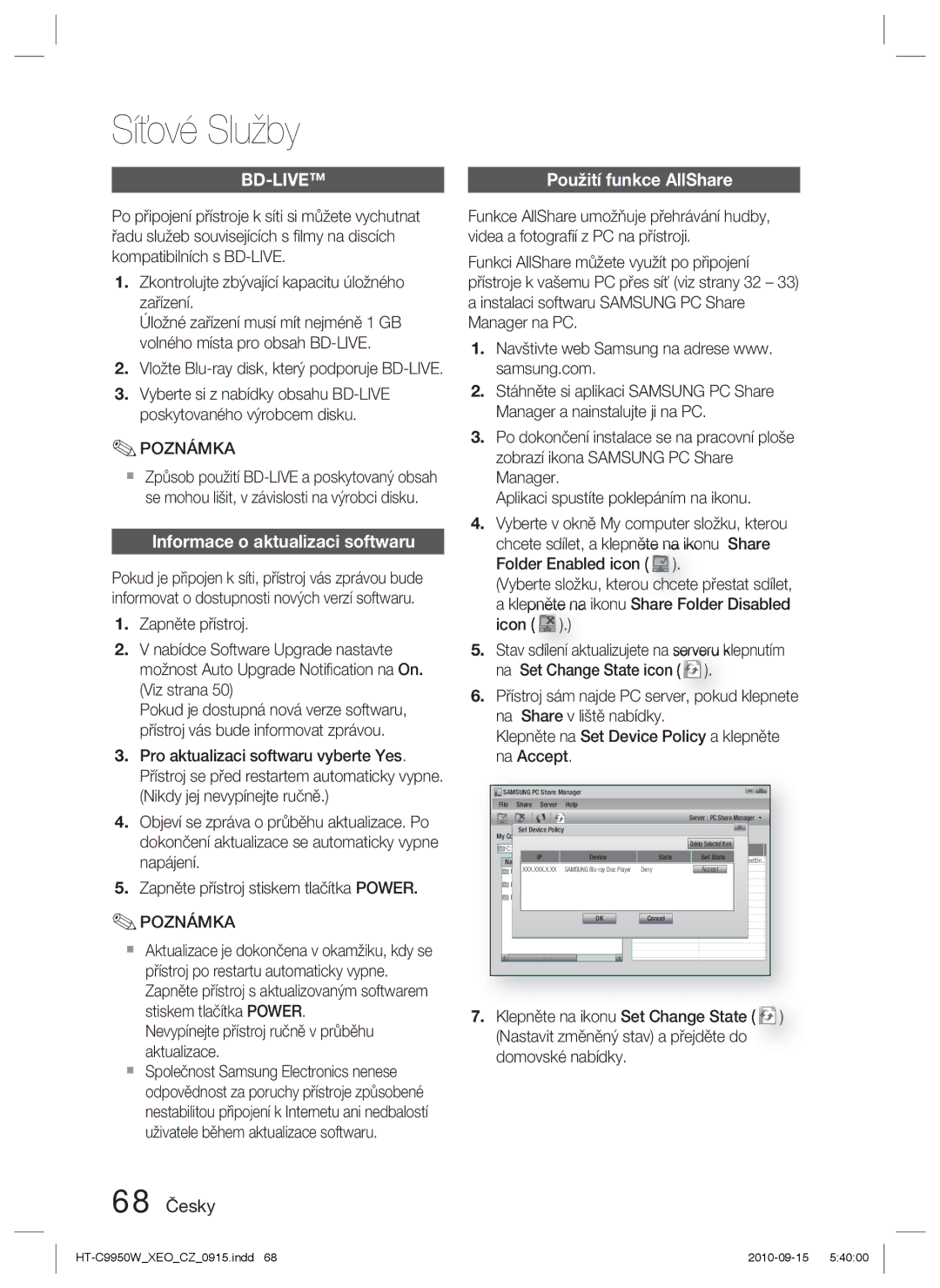 Samsung HT-C9950W/EDC manual Informace o aktualizaci softwaru, 68 Česky, Vložte Blu-ray disk, který podporuje BD-LIVE 