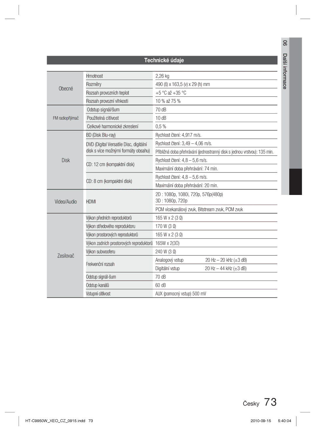 Samsung HT-C9950W/EDC manual Technické údaje 