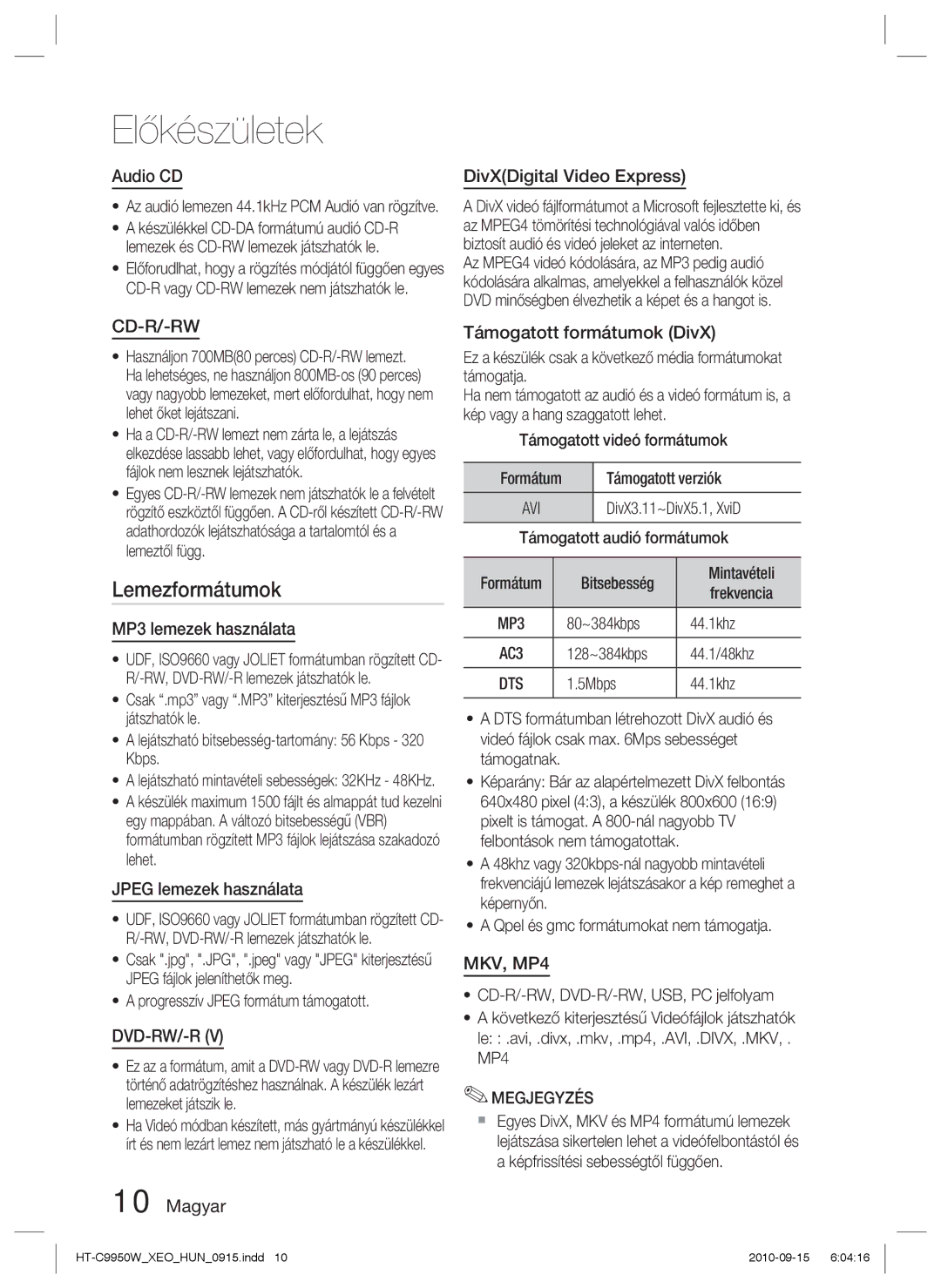 Samsung HT-C9950W/XEE manual Lemezformátumok 