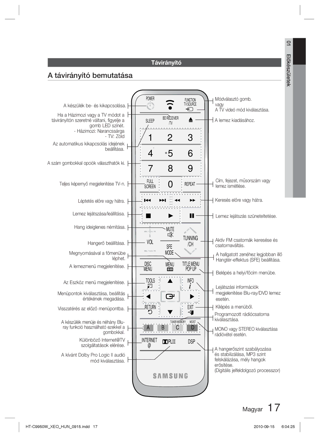 Samsung HT-C9950W/XEE manual Távirányító bemutatása, Dsp 