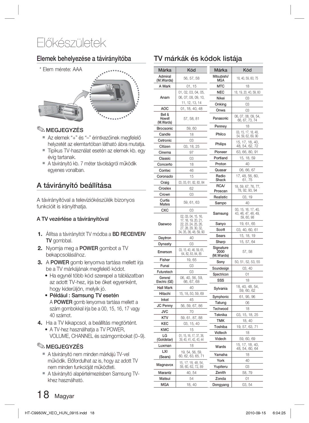 Samsung HT-C9950W/XEE manual Távirányító beállítása, Elem mérete AAA 