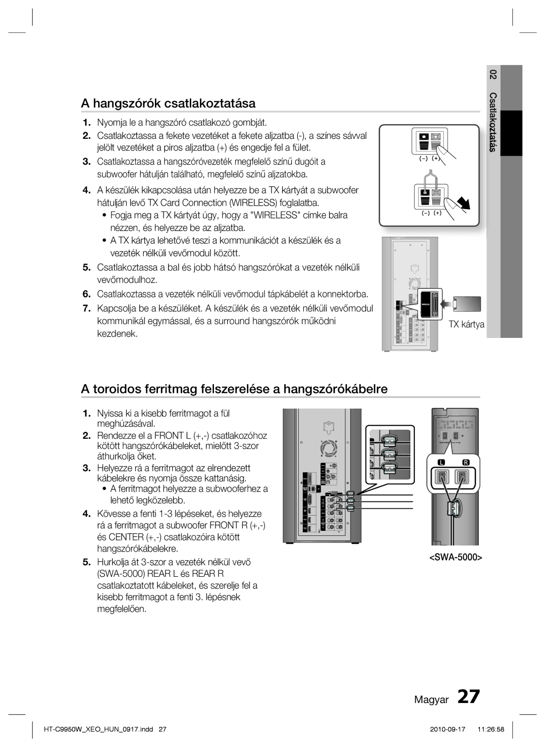 Samsung HT-C9950W/XEE manual Hangszórók csatlakoztatása 