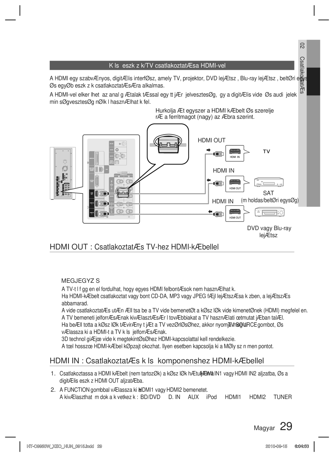 Samsung HT-C9950W/XEE manual Hdmi OUT Csatlakoztatás TV-hez HDMI-kábellel, Külső eszközök/TV csatlakoztatása HDMI-vel 