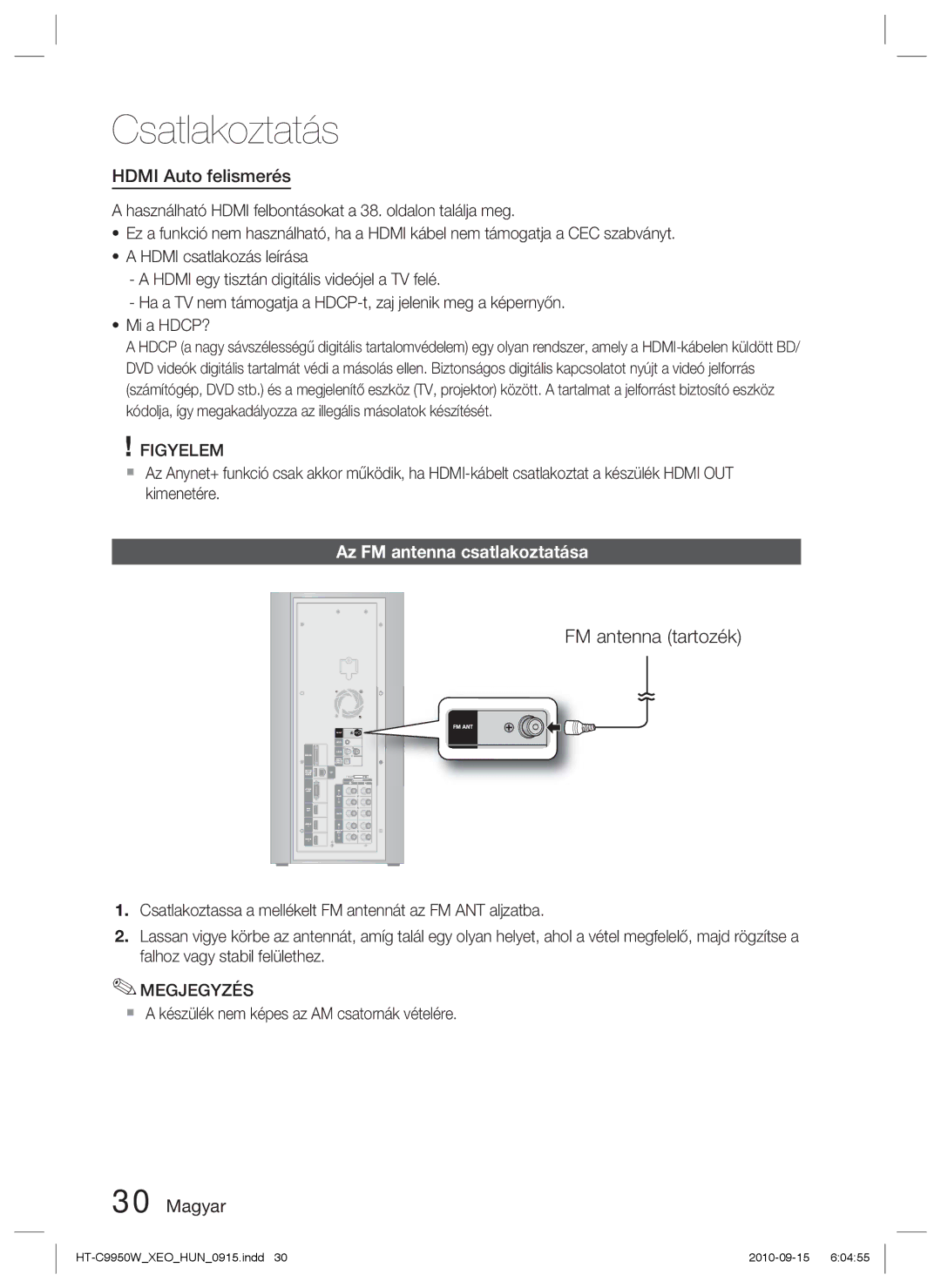 Samsung HT-C9950W/XEE Hdmi Auto felismerés, Az FM antenna csatlakoztatása,  a készülék nem képes az AM csatornák vételére 