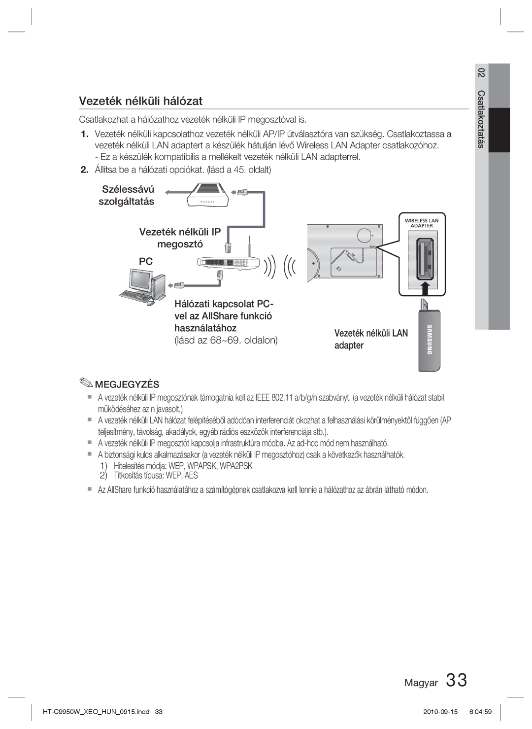 Samsung HT-C9950W/XEE manual Vezeték nélküli LAN adapter, Csatlakozhat a hálózathoz vezeték nélküli IP megosztóval is 