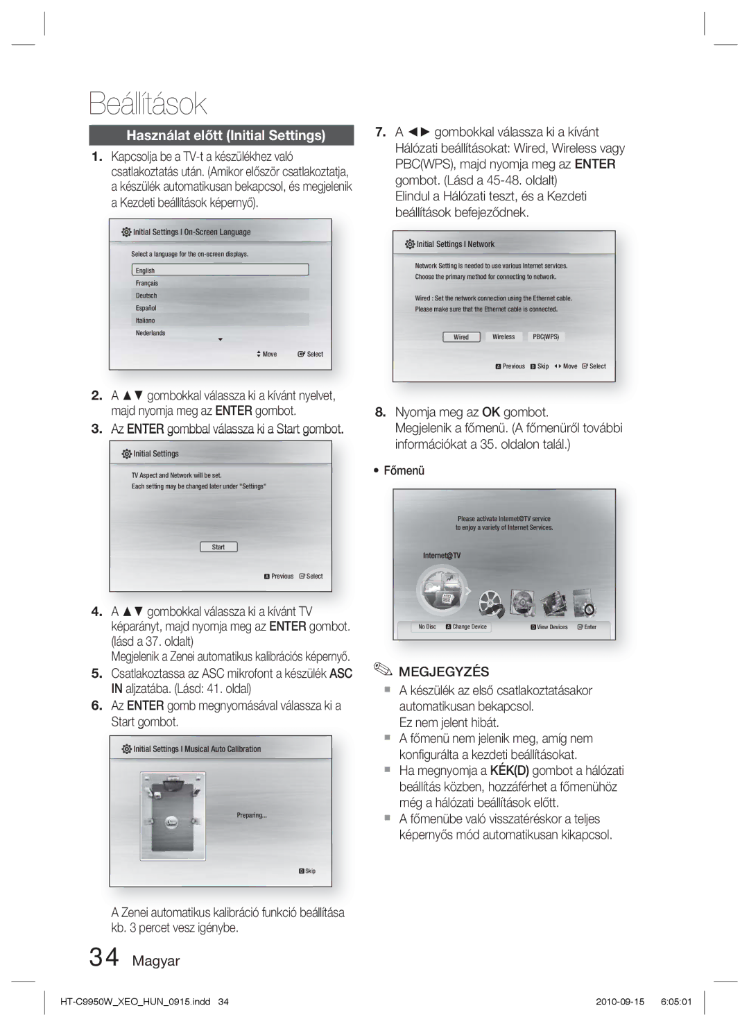 Samsung HT-C9950W/XEE manual Beállítások, Használat előtt Initial Settings, Ez nem jelent hibát 