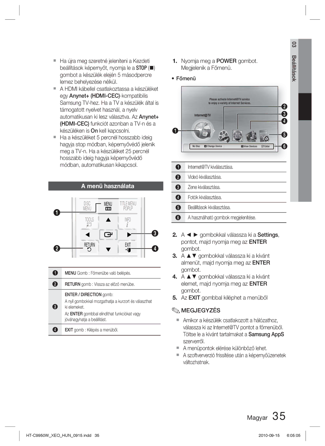 Samsung HT-C9950W/XEE manual Menü használata 