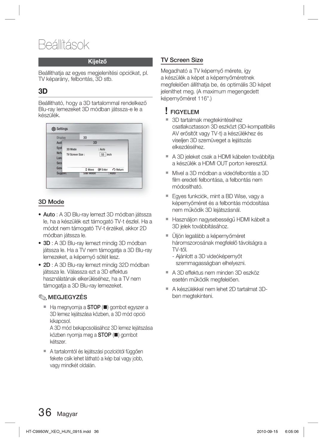 Samsung HT-C9950W/XEE manual Kijelző, 3D Mode, Magyar TV Screen Size 