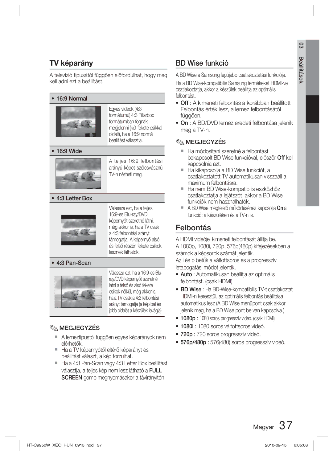 Samsung HT-C9950W/XEE manual BD Wise funkció, Felbontás 