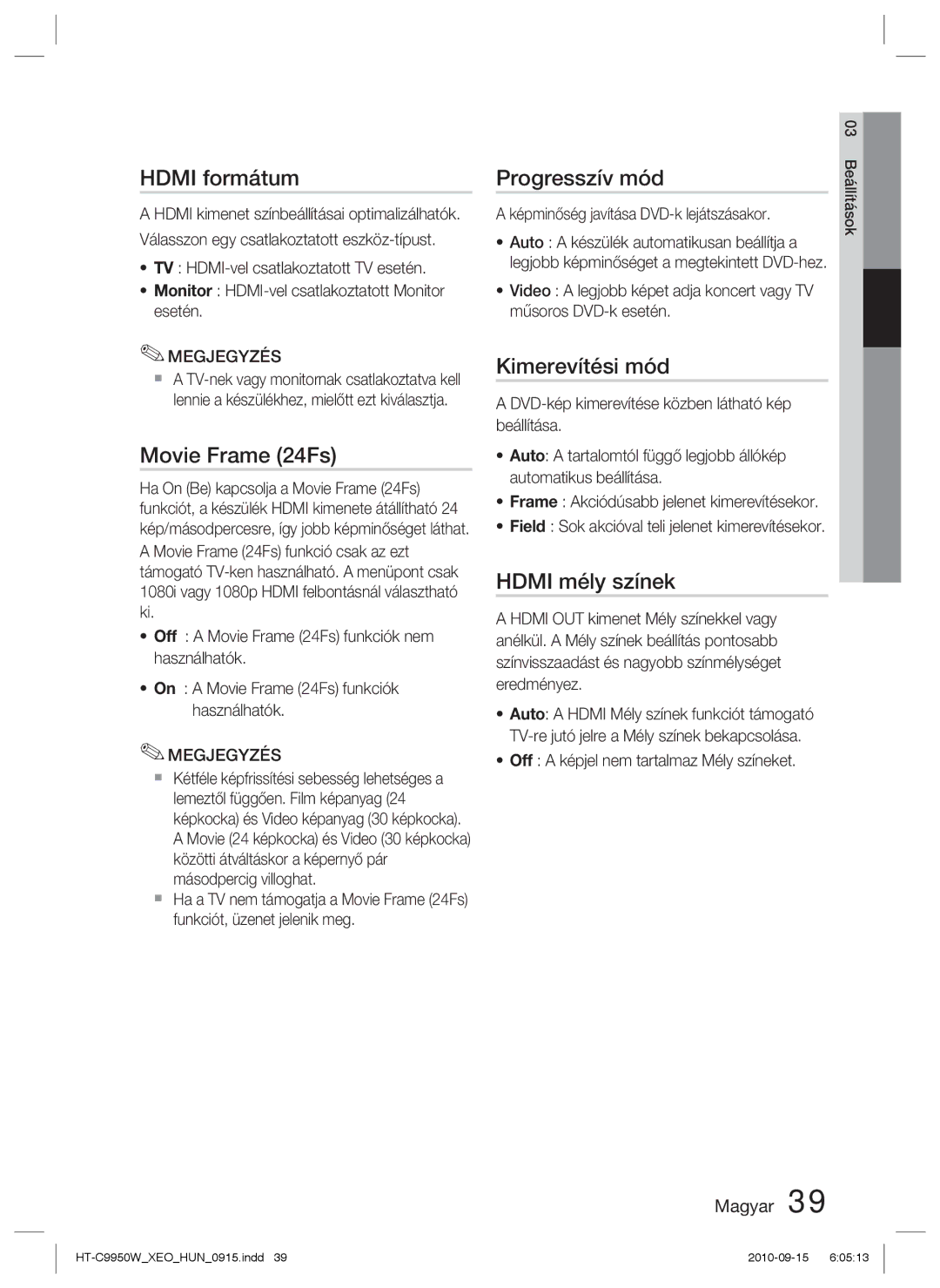 Samsung HT-C9950W/XEE manual Hdmi formátum, Movie Frame 24Fs, Progresszív mód, Kimerevítési mód, Hdmi mély színek 