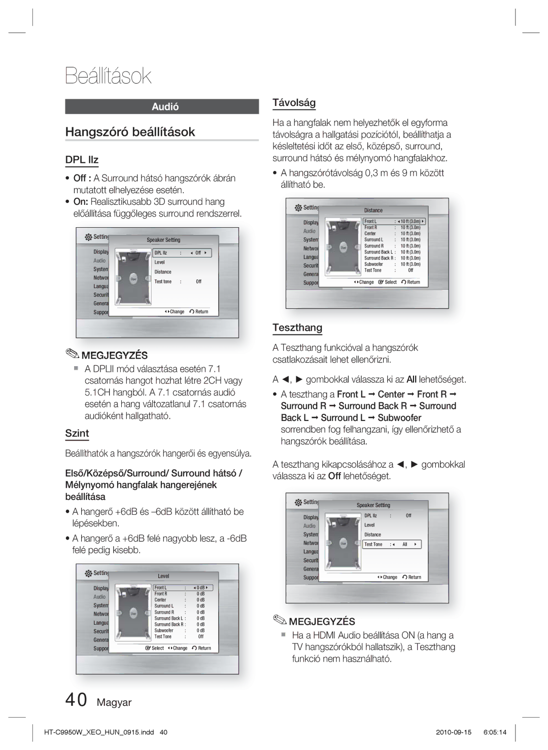 Samsung HT-C9950W/XEE manual Hangszóró beállítások, Audió 