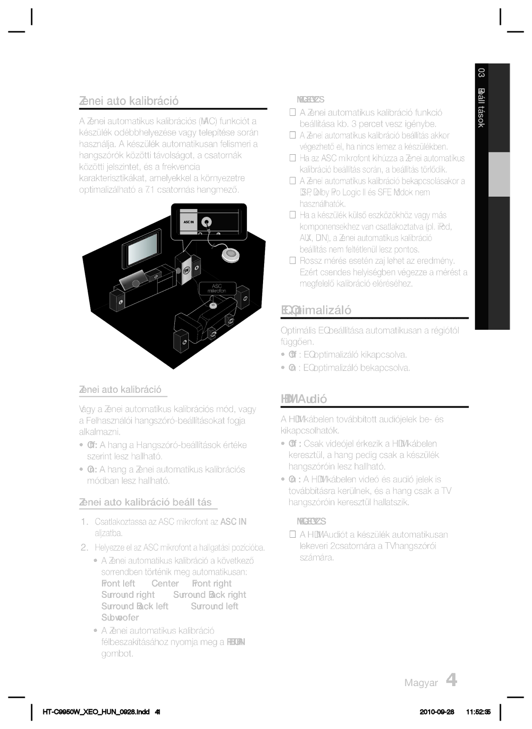 Samsung HT-C9950W/XEE manual EQ Optimalizáló, Hdmi Audió, Zenei auto kalibráció beállítás 