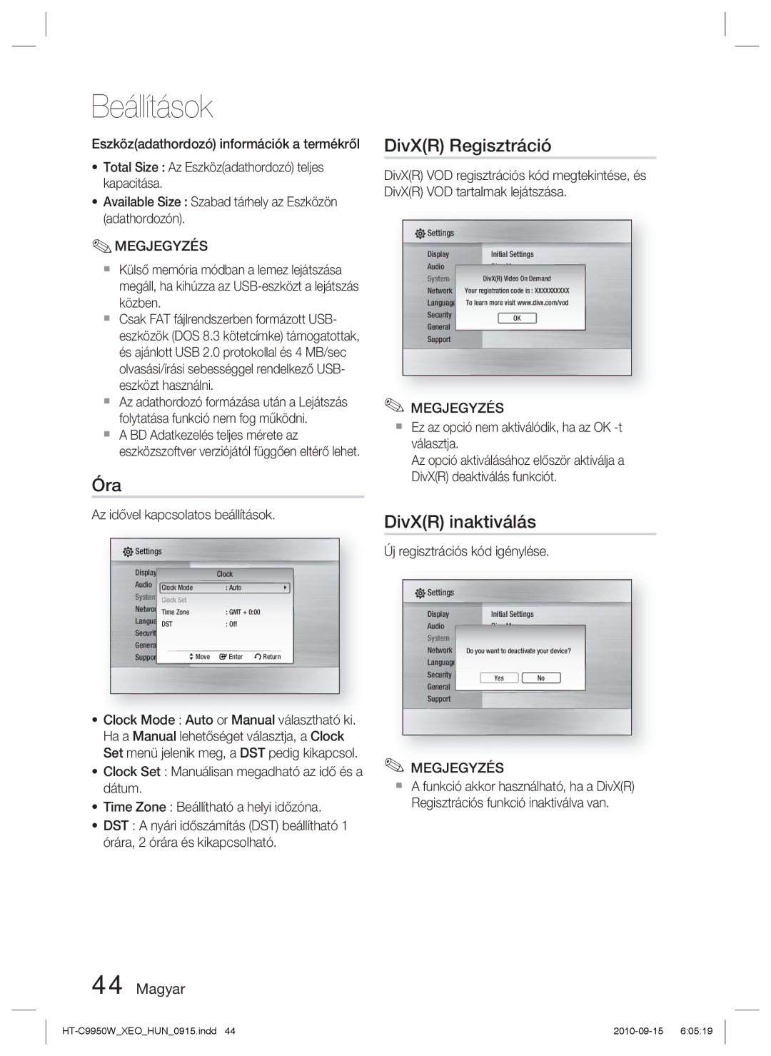 Samsung HT-C9950W/XEE manual Óra, DivXR Regisztráció, DivXR inaktiválás 