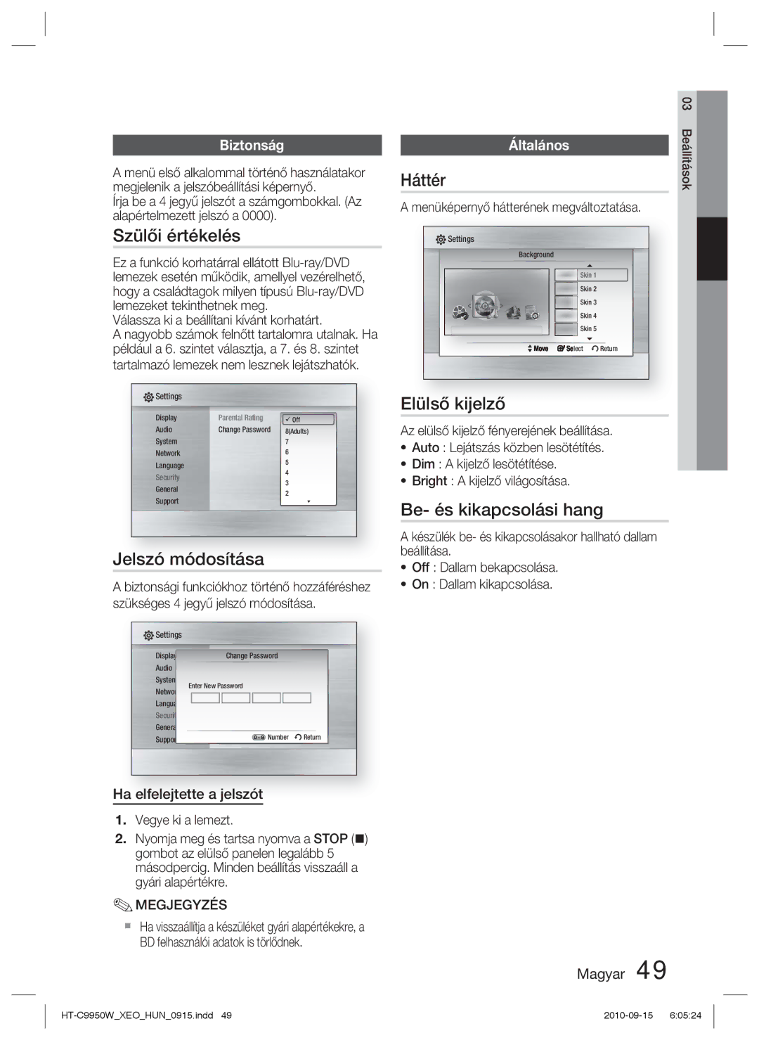 Samsung HT-C9950W/XEE manual Szülői értékelés, Jelszó módosítása, Háttér, Elülső kijelző, Be- és kikapcsolási hang 