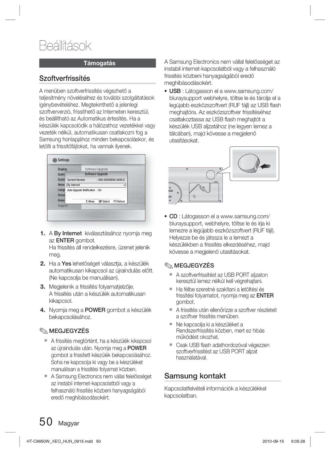 Samsung HT-C9950W/XEE manual Szoftverfrissítés, Samsung kontakt, Támogatás 