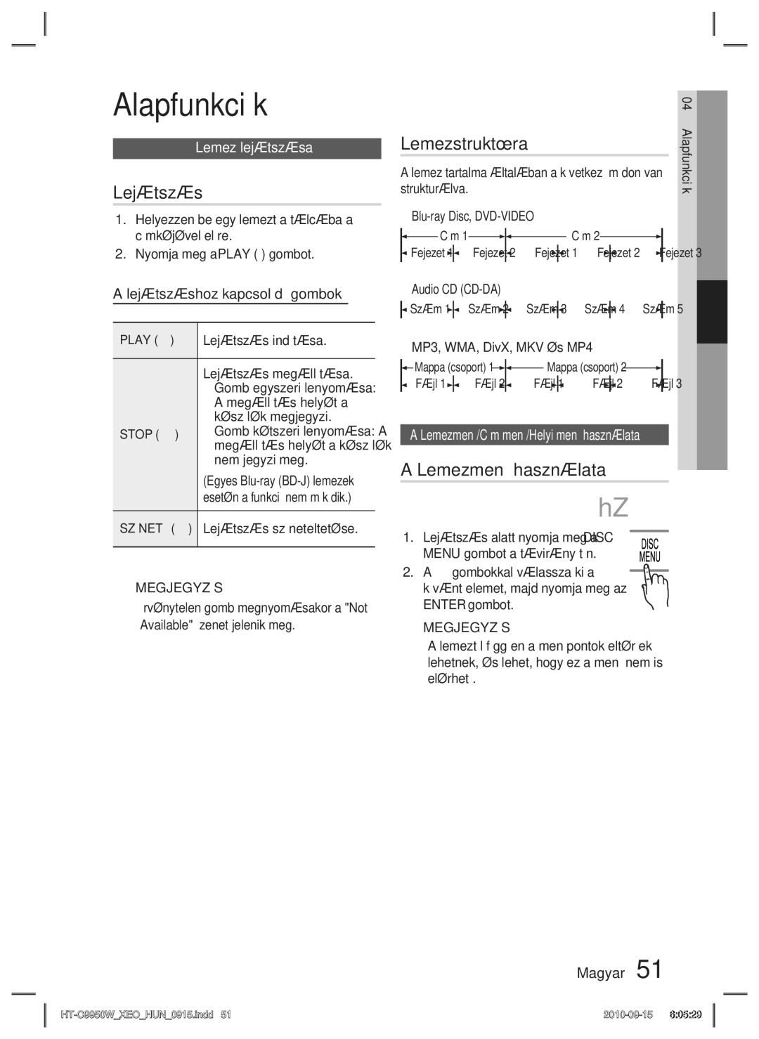 Samsung HT-C9950W/XEE manual Alapfunkciók, Lejátszás, Lemezstruktúra, Lemezmenü használata 