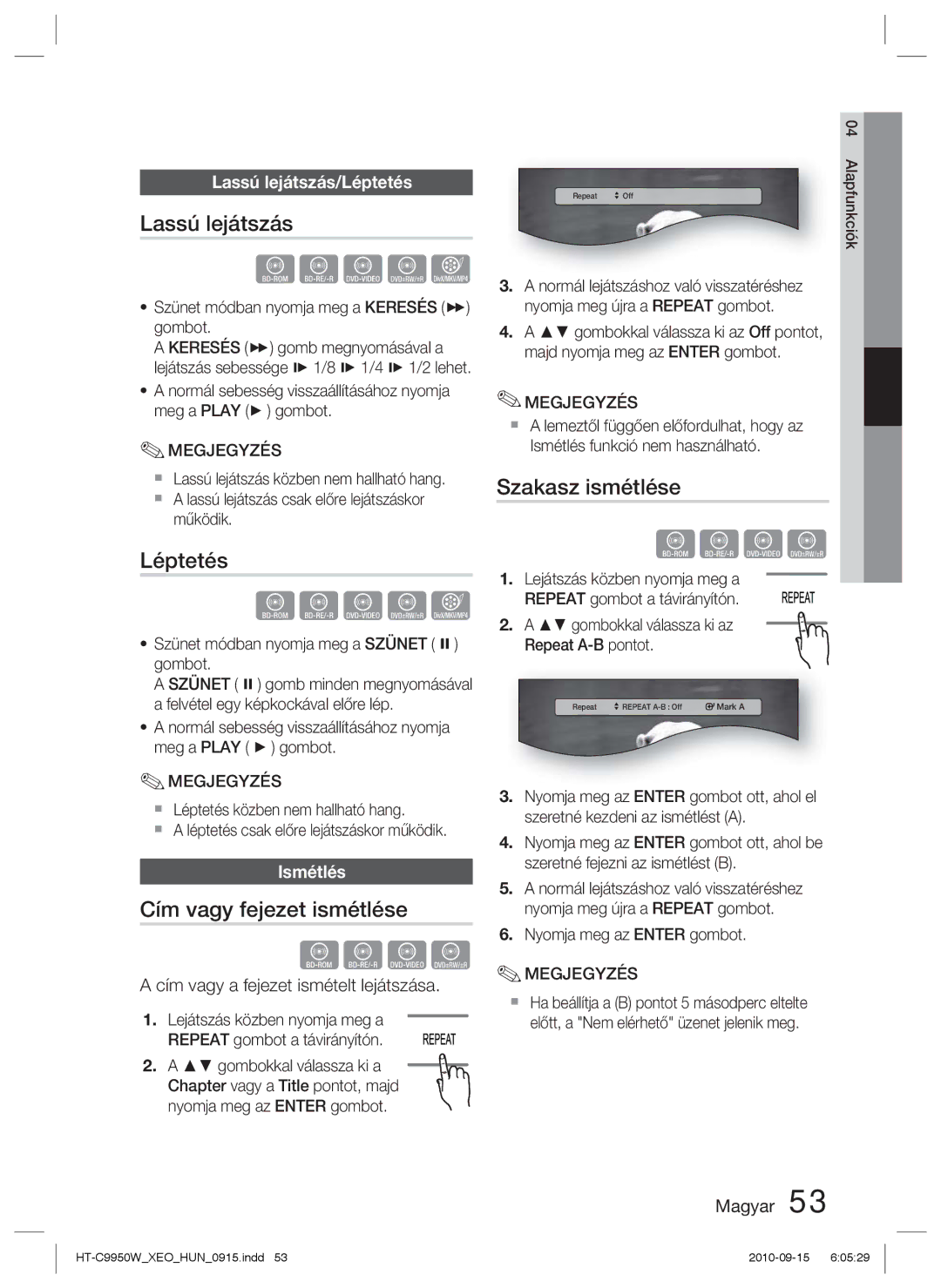 Samsung HT-C9950W/XEE manual Lassú lejátszás, Léptetés, Cím vagy fejezet ismétlése, Szakasz ismétlése 