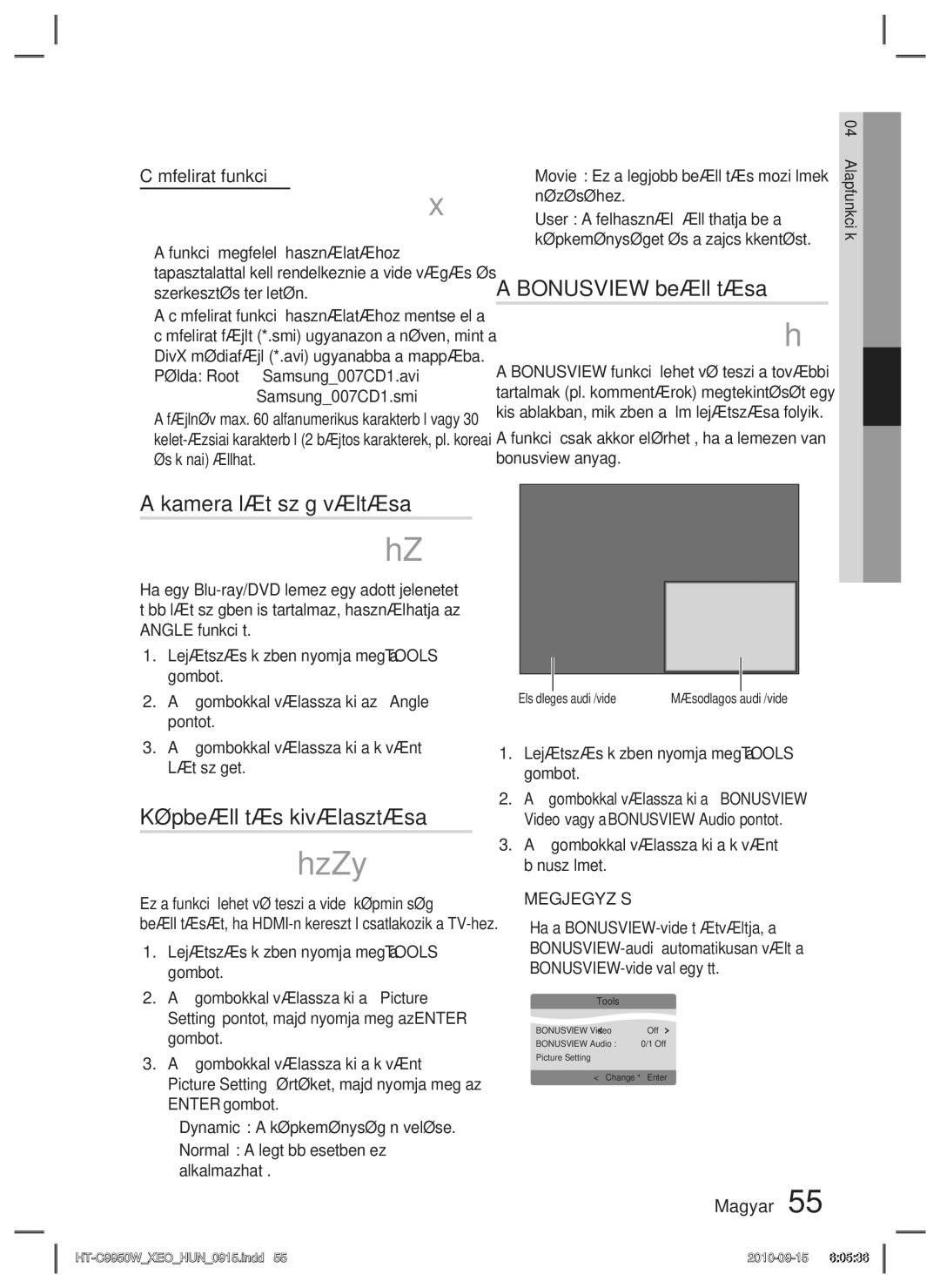 Samsung HT-C9950W/XEE manual Bonusview beállítása, Kamera látószög váltása, Képbeállítás kiválasztása 