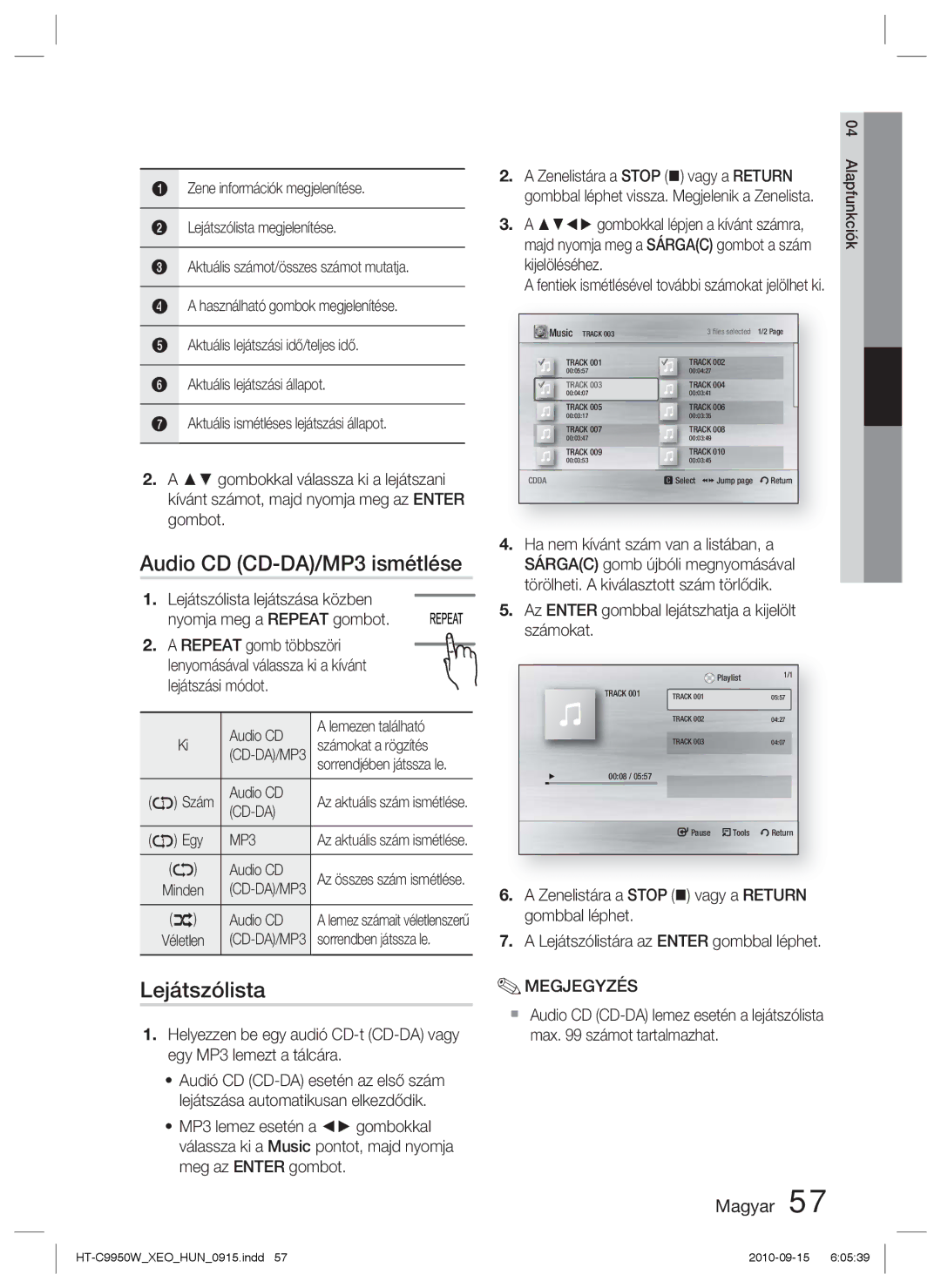 Samsung HT-C9950W/XEE manual Audio CD CD-DA/MP3 ismétlése, Lejátszólista, Cd-Da 