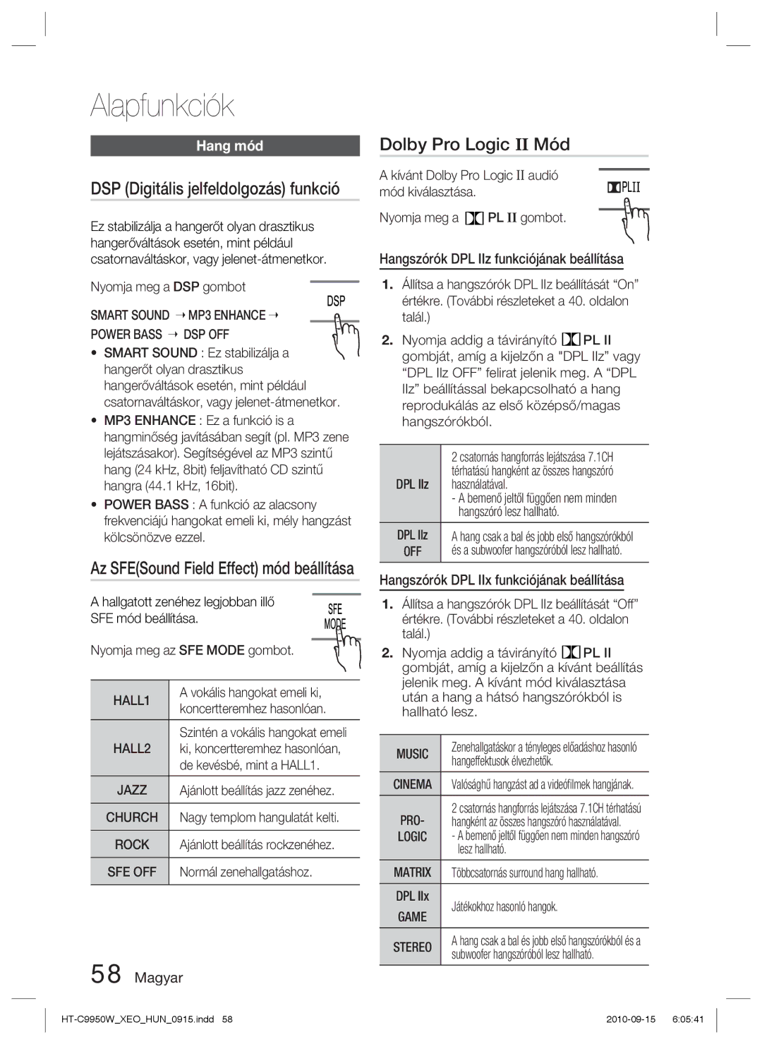 Samsung HT-C9950W/XEE manual DSP Digitális jelfeldolgozás funkció, Dolby Pro Logic II Mód, Hang mód 