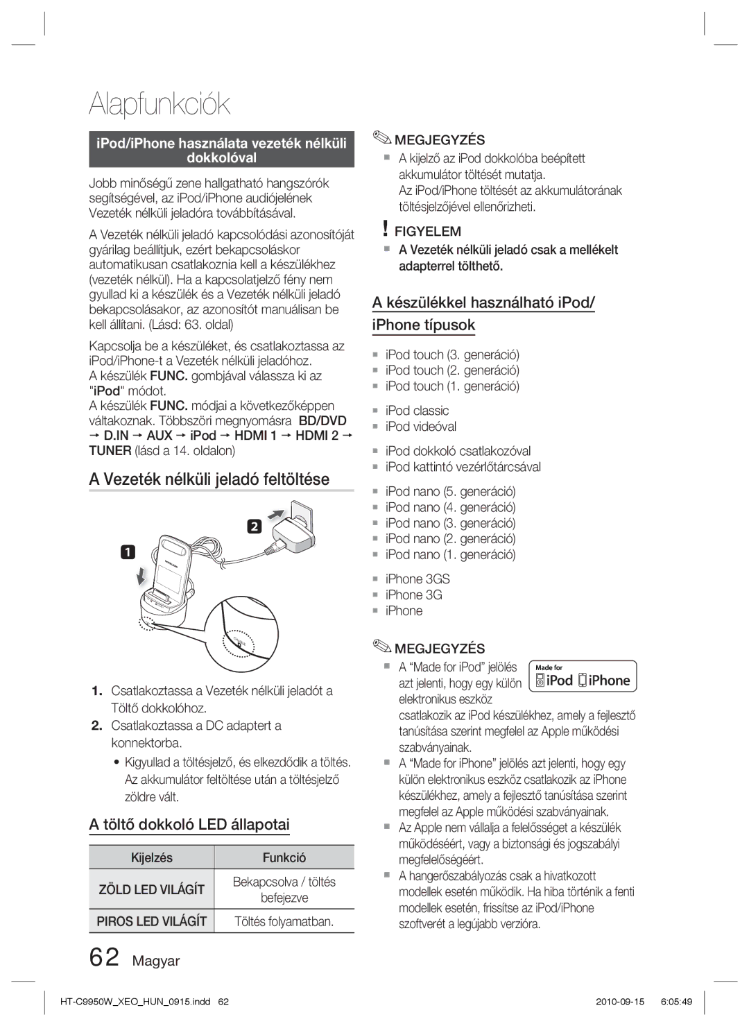 Samsung HT-C9950W/XEE manual Vezeték nélküli jeladó feltöltése, IPod/iPhone használata vezeték nélküli Dokkolóval 